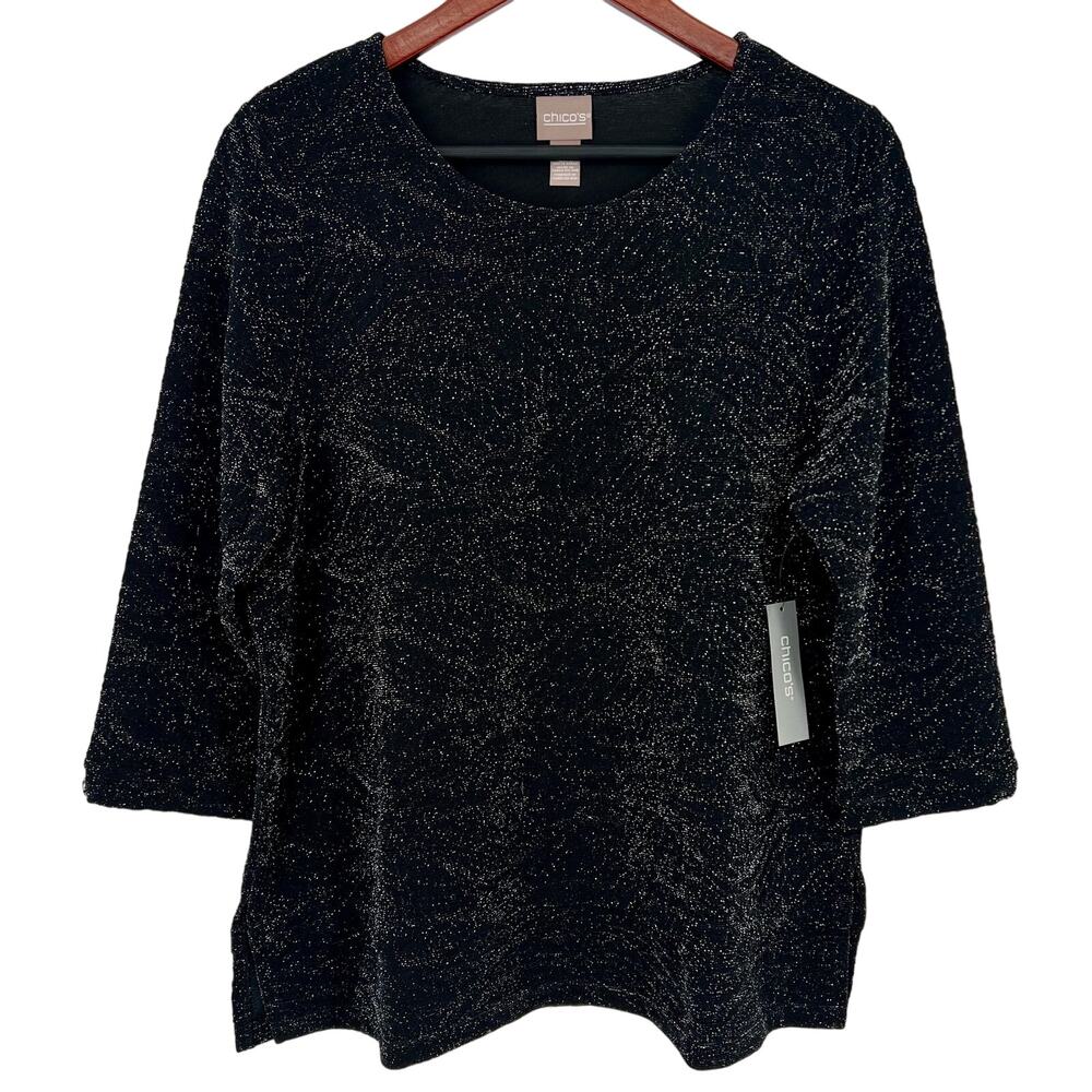 NEW NWT Chicos Sz LARGE 2 Super Sparkly Black Jacquard Formal Dinner Shirt Top